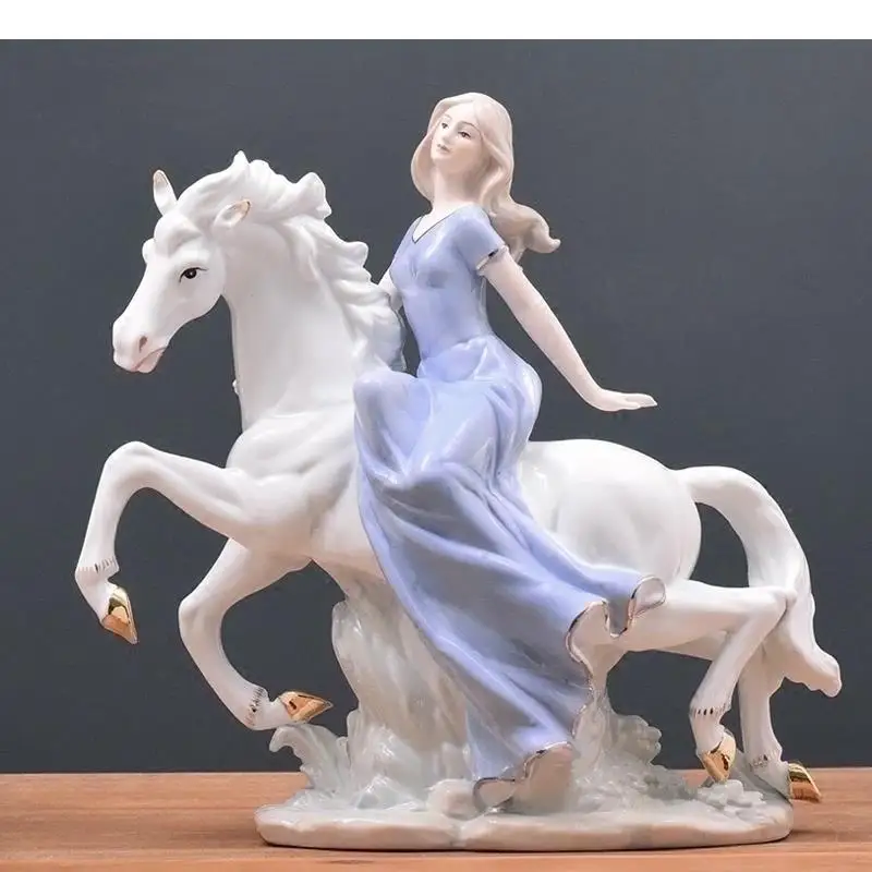 Classical Western Girl Ceramics Portrait Horse Riding Statue Figurines Vintage Home Decor Desk Decoration Porcelain Statuette