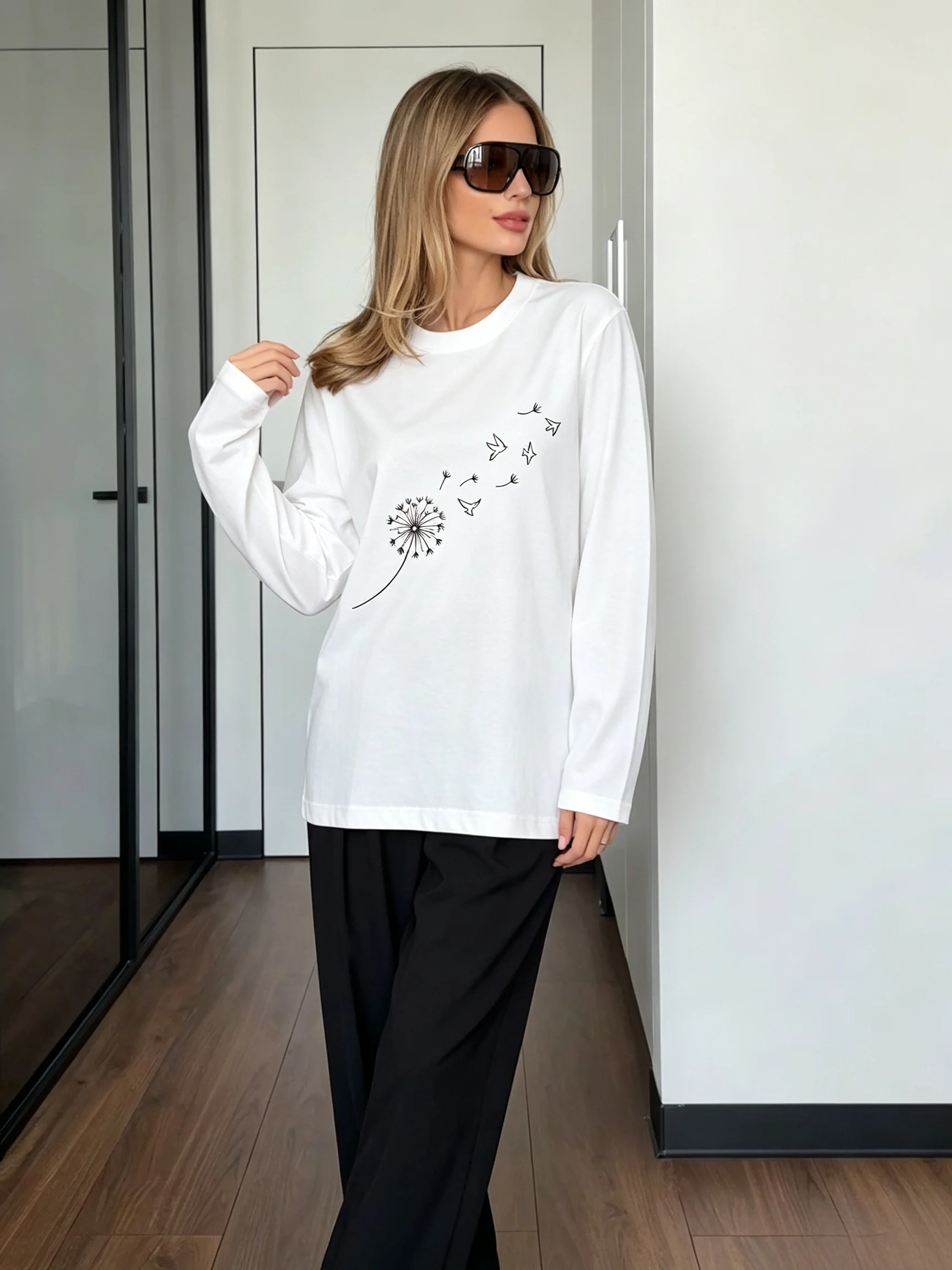 2026 Spring and Autumn New Women's Round Neck Long Sleeve Dandelion Thread Pattern Loose T-shirt Suitable for Daily Wearing
