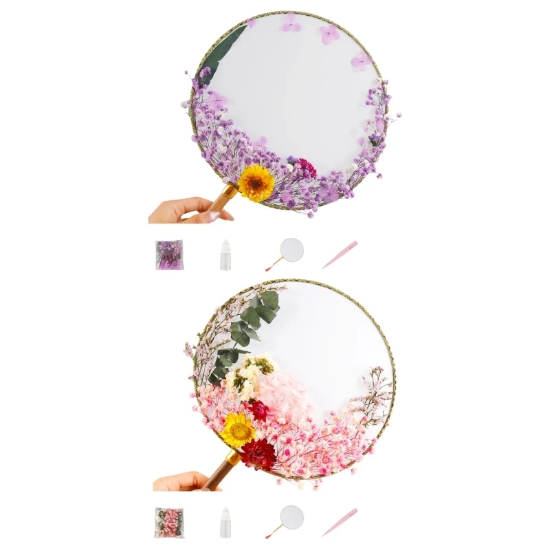 Chinesisches Blumen-Handfächer-Set mit Holzgriff für Regalpräsentation, Raumakzent, beruhigendes Gestalten, Geschenkgebrauch und – Detail 1