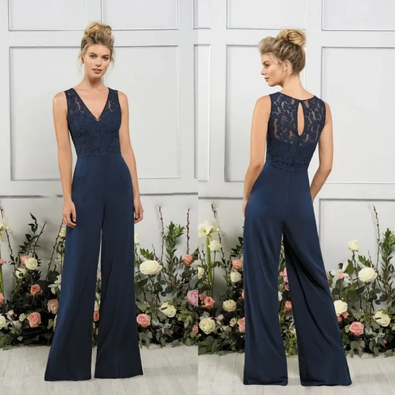 Vestidos de Dama de Honor 2026 Jasmine, Vestidos de Fiesta con Cuello en V en Azul Marino Oscuro, Vestidos de Invitada de Boda Económicos para la Playa