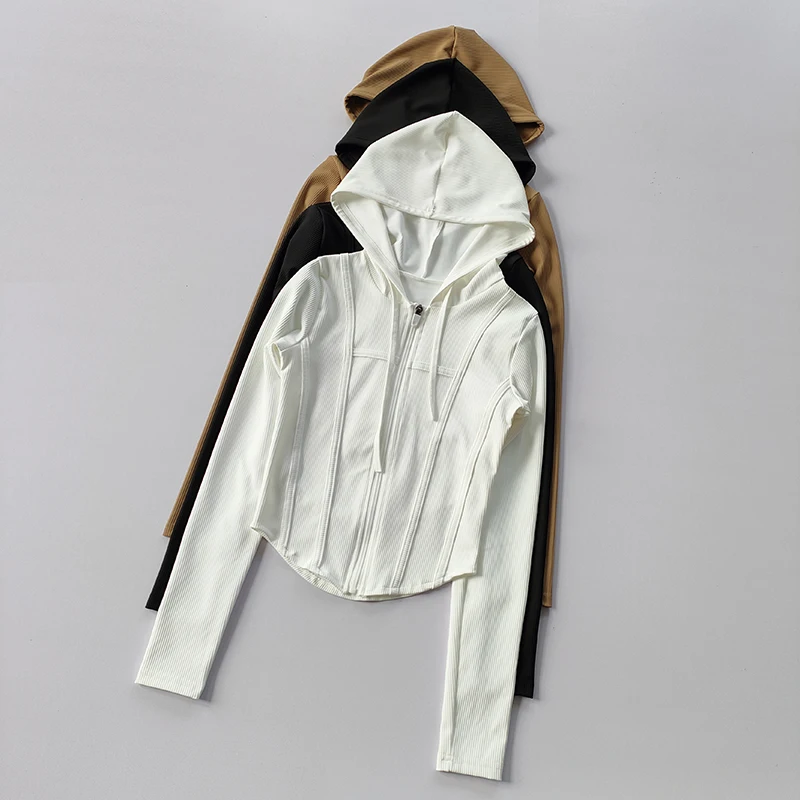 Fitnessjacke für Damen, Kapuzen-Cardigan, Herbst und Winter, eng anliegend, schnelltrocknend, Sport-Lauf-Trainings-Slim-Yoga-Kleid, Langarm – Detail 1