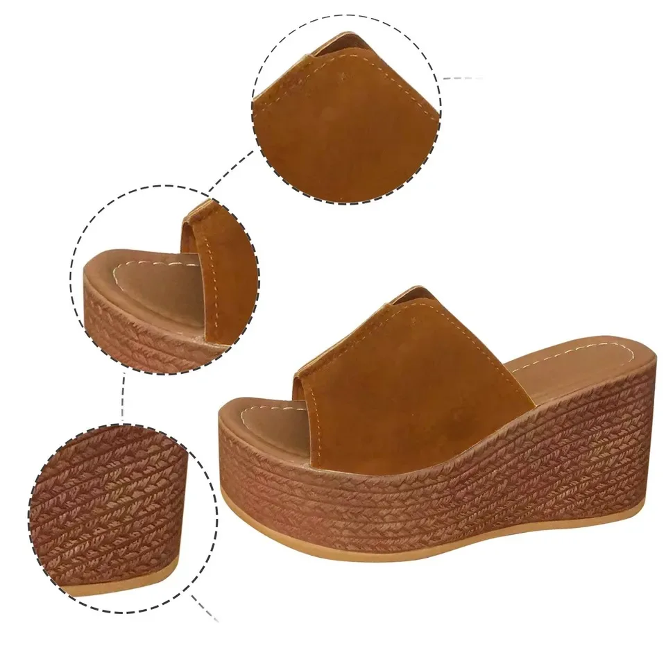 صندل بنعل إسفيني بني للنساء ، أحذية للعطلات ، شبشب بكعب سميك ، نعل سميك مانع للانزلاق ، جديد