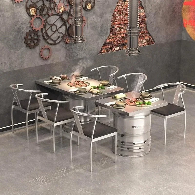 

Скандинавский минималистичный коммерческий обеденный стол из нержавеющей стали, стул для плиты, бездымный барбекю, горячий горшок, ресторан, промышленный ветер