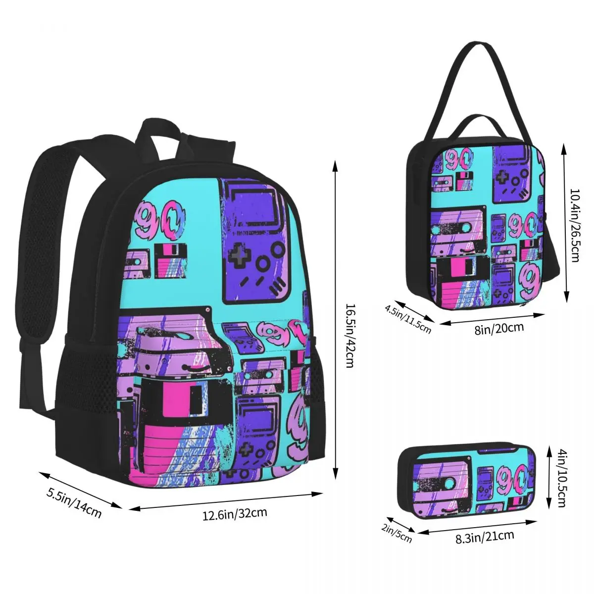 Zurück zu den 90er Jahren Rucksäcke Jungen Mädchen Bücher tasche Studenten Schult aschen Cartoon Kinder Rucksack Lunch Bag Stift Tasche dreiteiliges Set