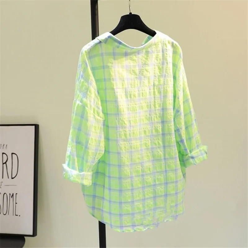 Women\'s Trendy Plaid Print Oversized Sunscreen Shirt Summer Casual Streetwear Long Sleeve Blouse Lapel Cotton Linen Tops Female