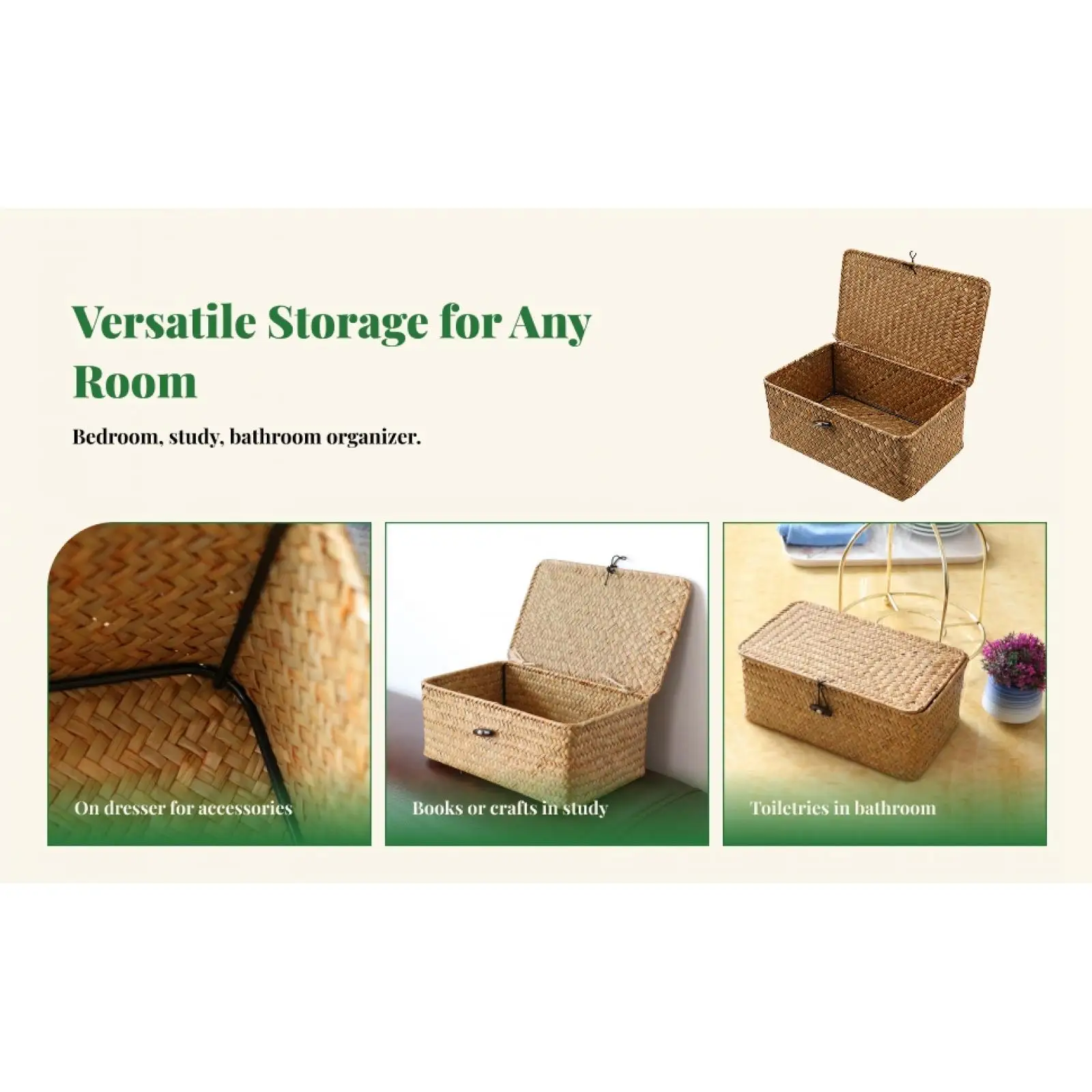 

Rectangular Natural Seagrass Basket with Lid Multi Purpose Storage Organizer for Books Clothes Toys Bathroom