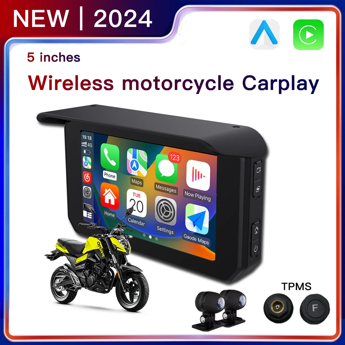 

5 Inch Portable Navigation Motorcycle GPS Waterproof CarPlay Display Motorcycle Wireless Android Auto IPX7 Driving recorder TPMS