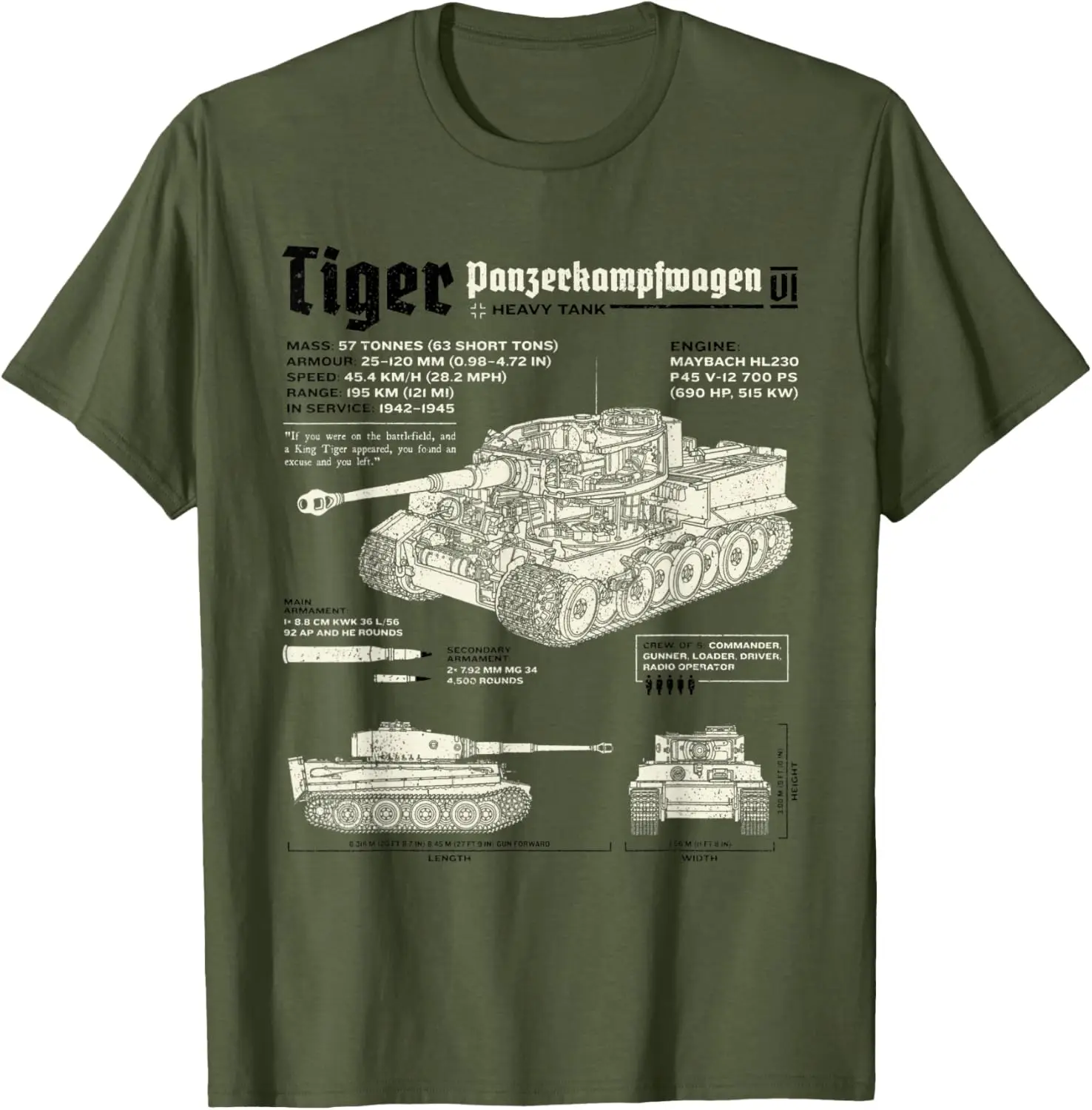 

Tiger Tank Panzer World War 2 Blueprint T-Shirt Short Sleeve Casual 100% Cotton T Shirts