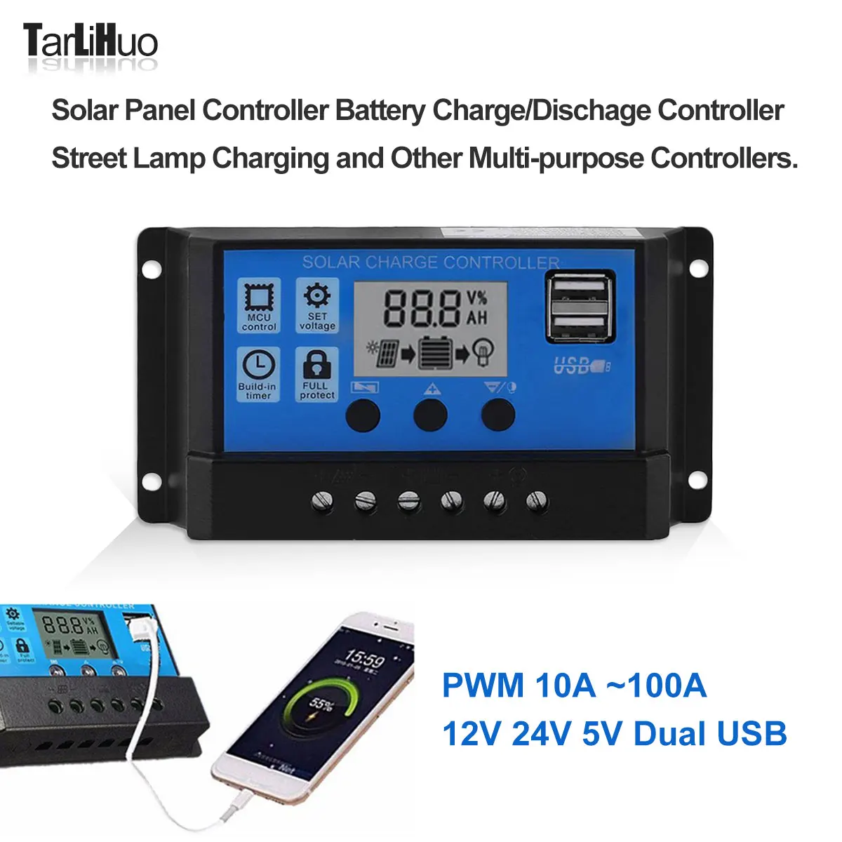 Controlador de Panel Solar PWM, sistema de Control multiusos de carga de batería/Dischage, auto12 V/24V, 2USB, farola