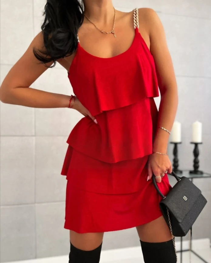 

U-neck chain thin shoulder strap pleated mini dress