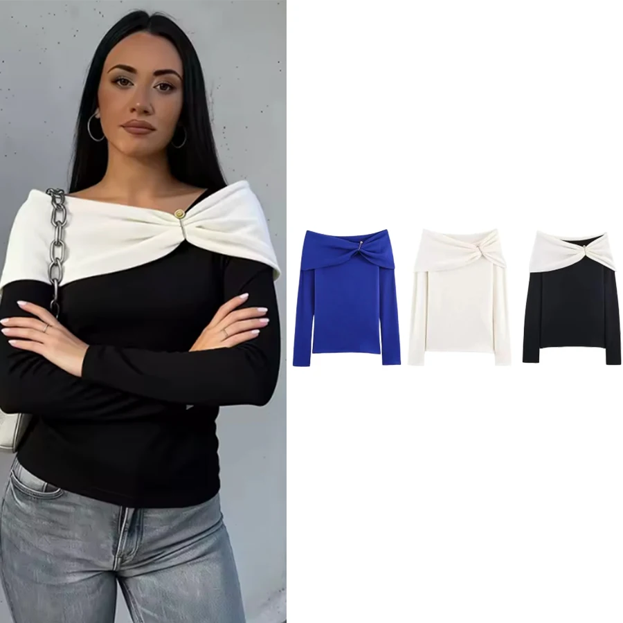 

Women T-shirt Spring Summer Sexy Double layered T-shirt Women New Fashion Scarf Collar Long Sleeves Tops