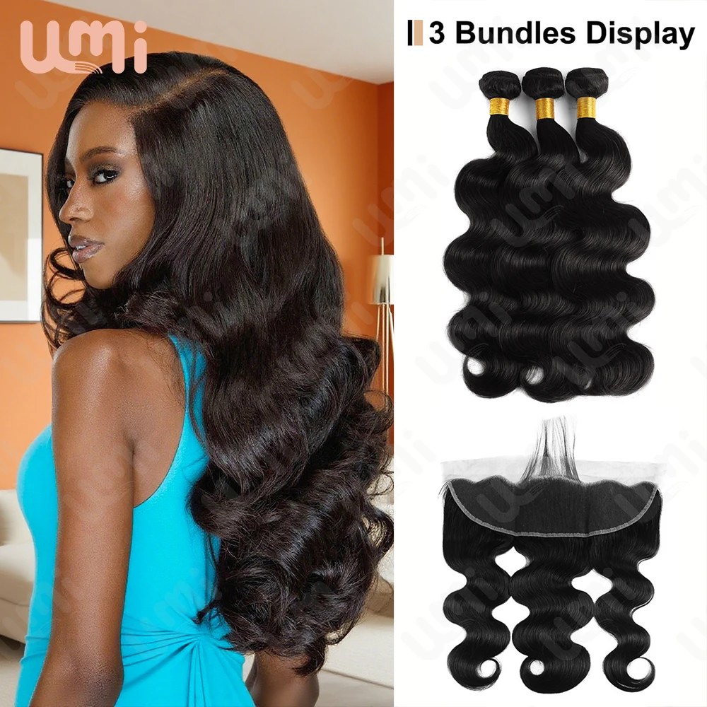 

Umi 12-32 дюйма 3/4 объемные волны с 13x4 кружевной фронтальной застежкой натуральный черный бразильский плетение Remy наращивание человеческих волос