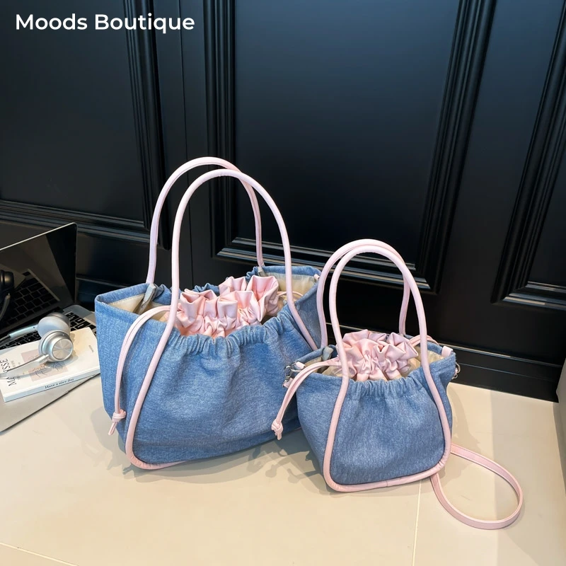 

Two-sized Drawstring Bucket Shoulder Crossbody Bags For Women Denim Blue Casual Street Large Capacity Shopper Totes With Pendant