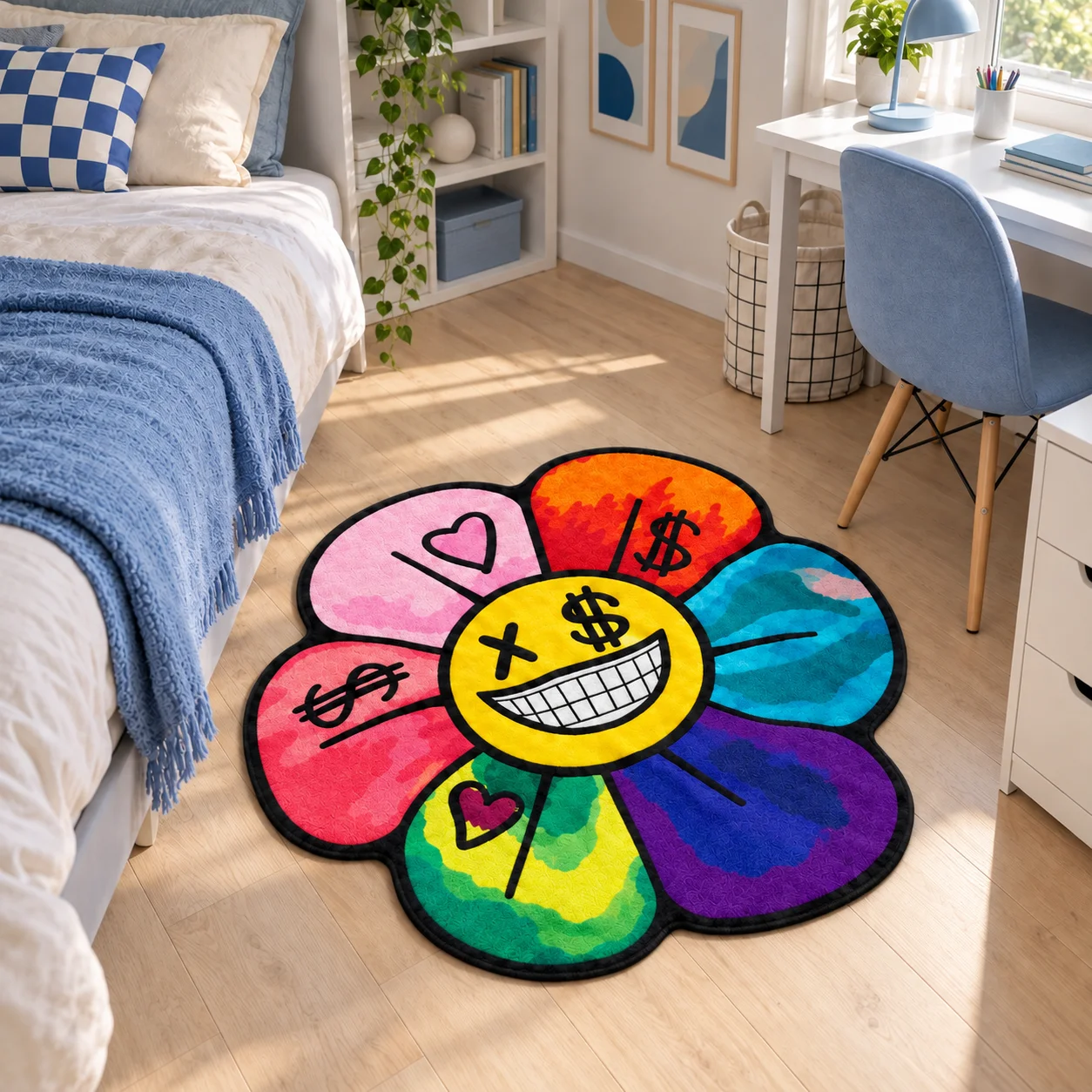 Colorful Money Flower Shaped Area Rug, Smiling Dollar Face Novelty Floor Mat For Bedroom, Dorm, Living Room Decor And Gifts