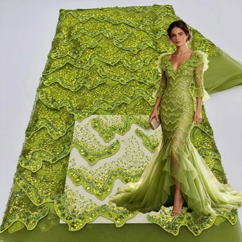 Green Christmas Dress 3D Lace Embroidery Tulle Lace Fabric New Design African Beaded Sequins Lace For Women Party Wedding Gown