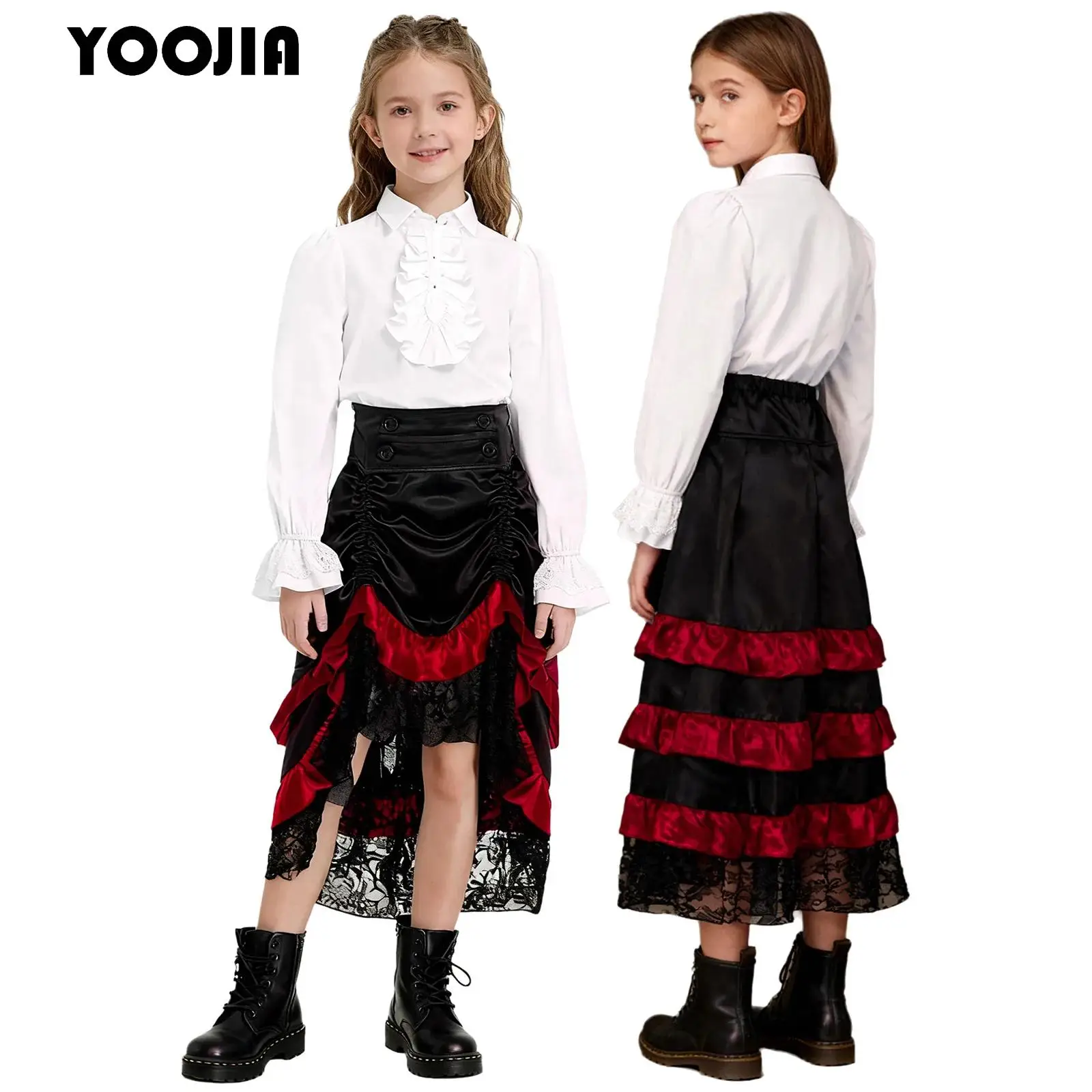 

Kids Girls Medieval Renaissance Dress Skirts Outfits Vintage Victorian Long Sleeve Ruffle Shirt and Layered Skirt Halloween Set