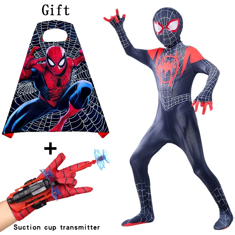 Anime Superhero Bodysuit Spidermans Cosplay Costumes Mask Figure Kids Plastic Role Play Gloves Launcher Set