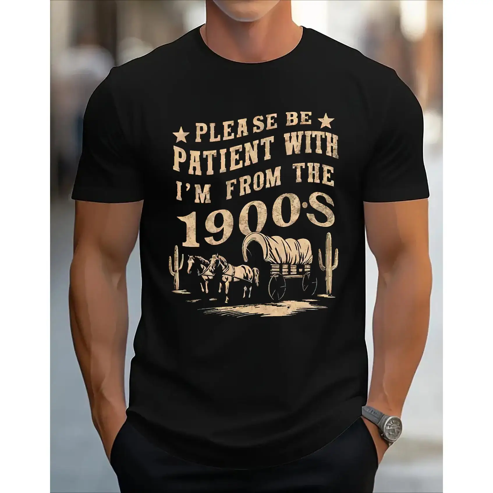 

Please Be Patient With Me I'm From The 1900s" T-Shirt Funny Vintage Western Tee Cotton Short Sleeve Top Retro Birthday Gift