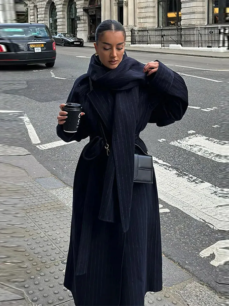 

Vintage Striped Long Trench Coats Women Casual Single Button Coat With Muffler Belts Female Autumn Winter Elegant Loose Outwears