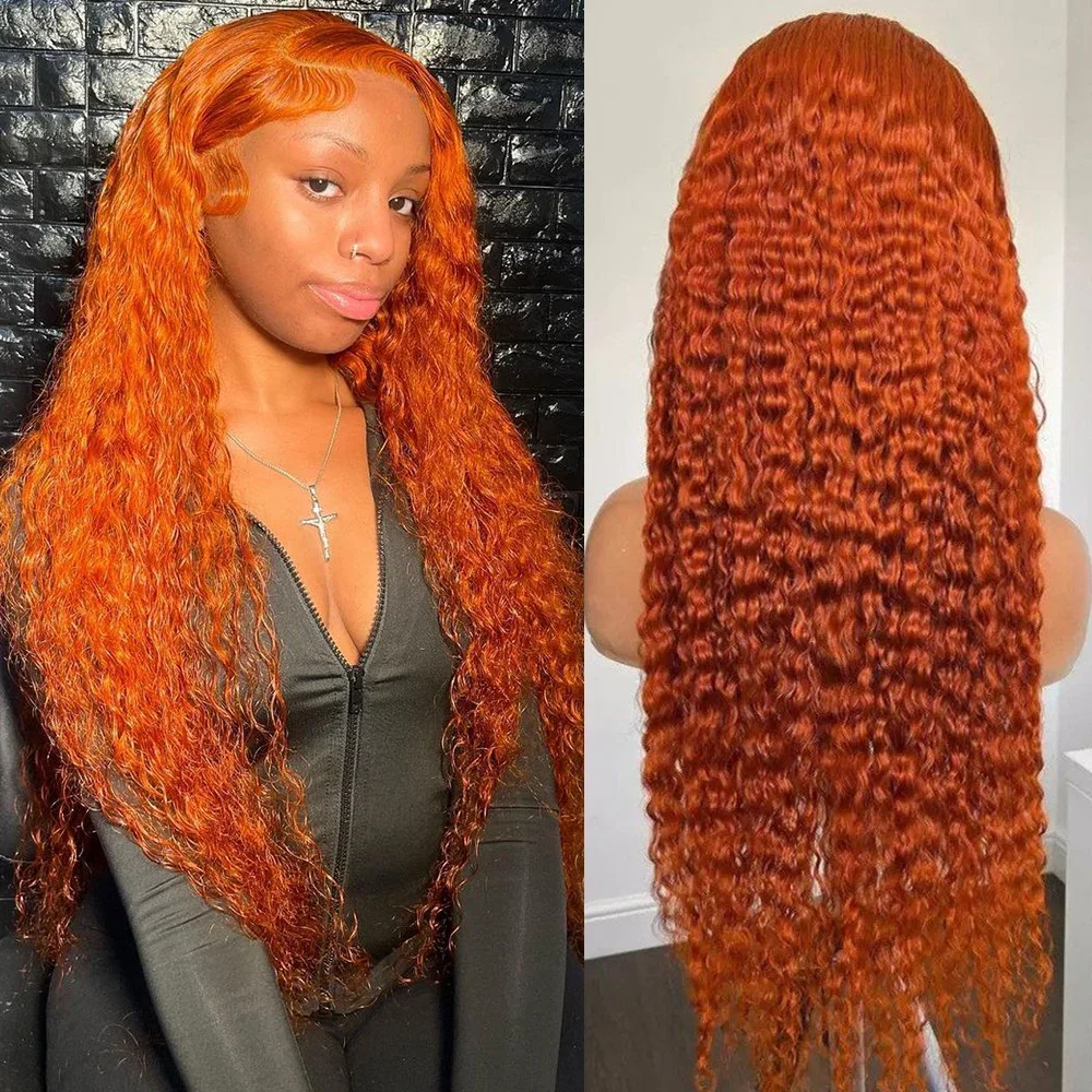 Ginger Orange 13x4 Lace Frontal Wigs Human Hair 350 Deep Wave Water Wave Lace Wig 180% Remy Brazilian Burnt Orange Wig For Women