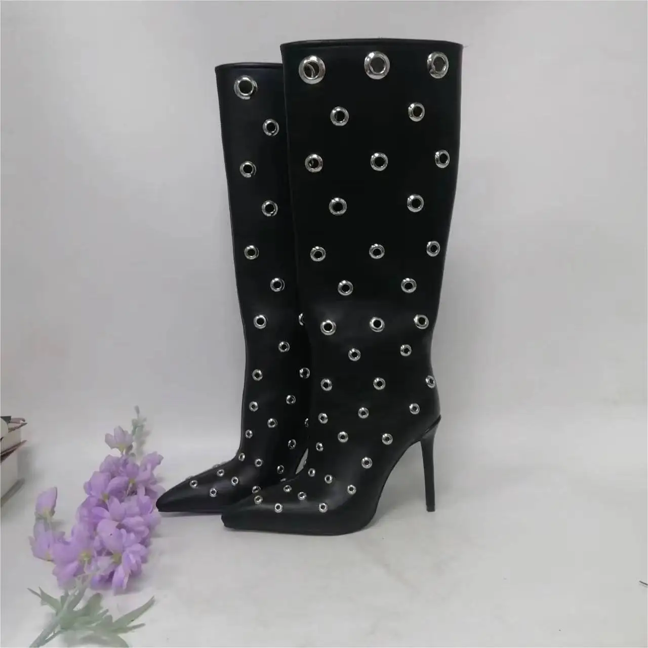 Pointed Toe Metal Hole Knee High Boots Black Leather Sexy Cool Girl Summer Booties High Heels Fashion Party Dress Shoes 2024