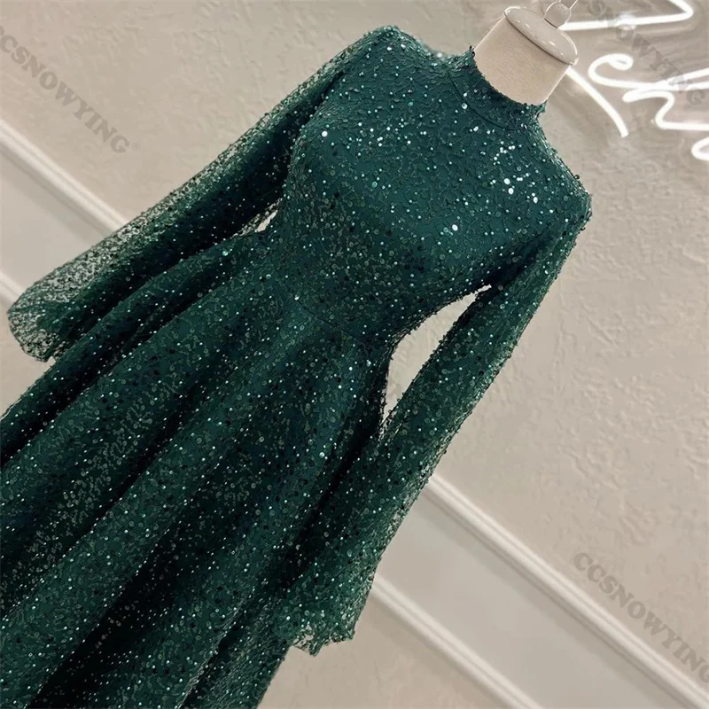 Sequin Beaded Muslim Evening Dresses Long Sleeve A Line Hijab Islamic Formal Party Gown Arabic Dubai Women Robe De Soiree