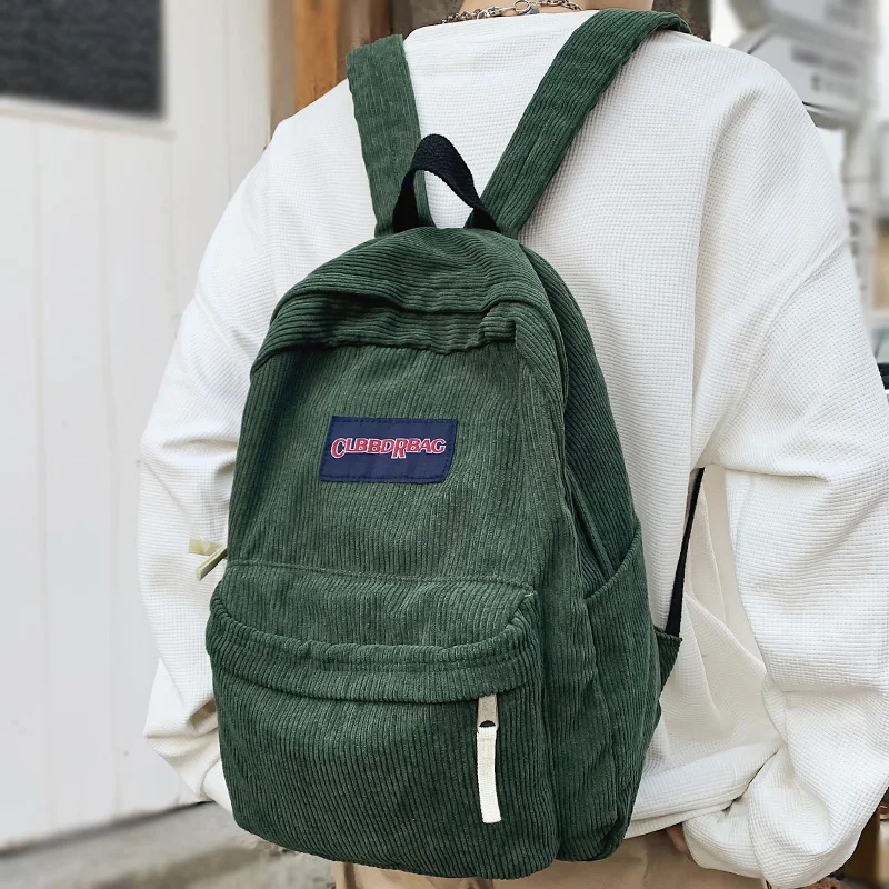 

Vintage Corduroy Green School Bag Men Women Laptop Double Shoulder Backpack PU Material Other Style Single Shoulder Bag
