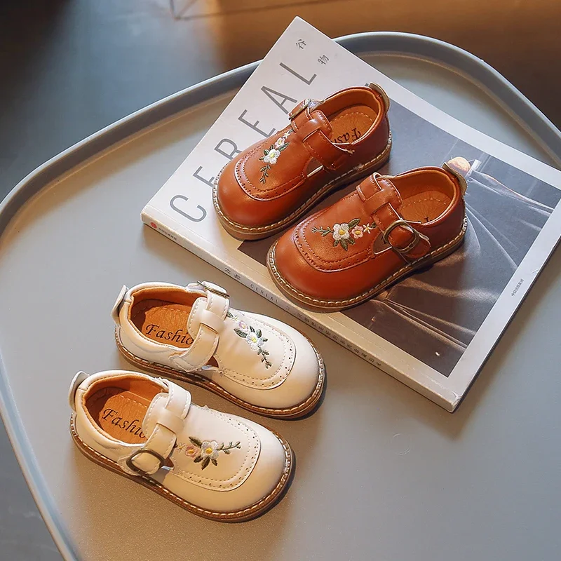 Baby Girl Mary Janes Embroidery Flower Beige Khaki Toddler Children Autumn Shoes Vintage Cover Toe Comfortable 22-31 Kids Shoes