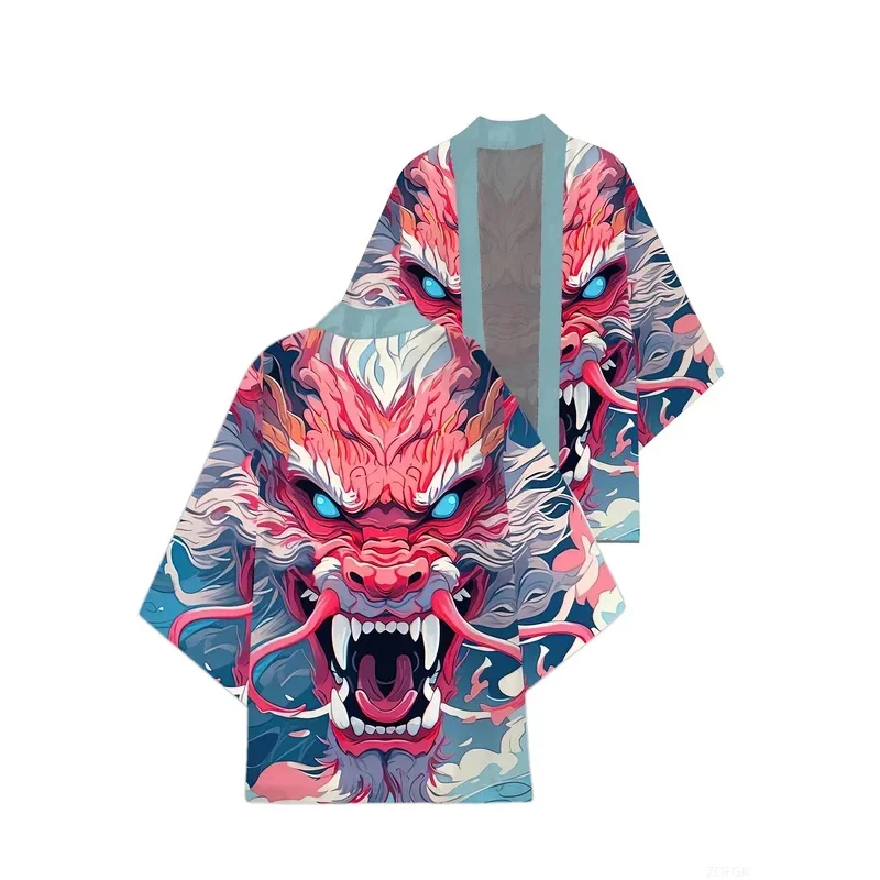 سترة كيمونو الساموراي اليابانية التقليدية للرجال والنساء مطبوع عليها تنين أنيمي سترة خضراء فضفاضة نصف كم سترة هاراجوكو