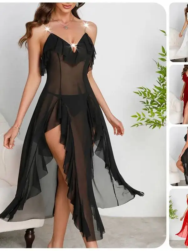 ชุดนอนตาข่ายเว้าลึก ชุดเดรสสายเดี่ยวผ่าข้างแต่งระบาย หลากสี ผ้าบางเบา ชุดนอนเซ็กซี่ ชุดลำลอง ชุดเดรสสีพื้น RKA7