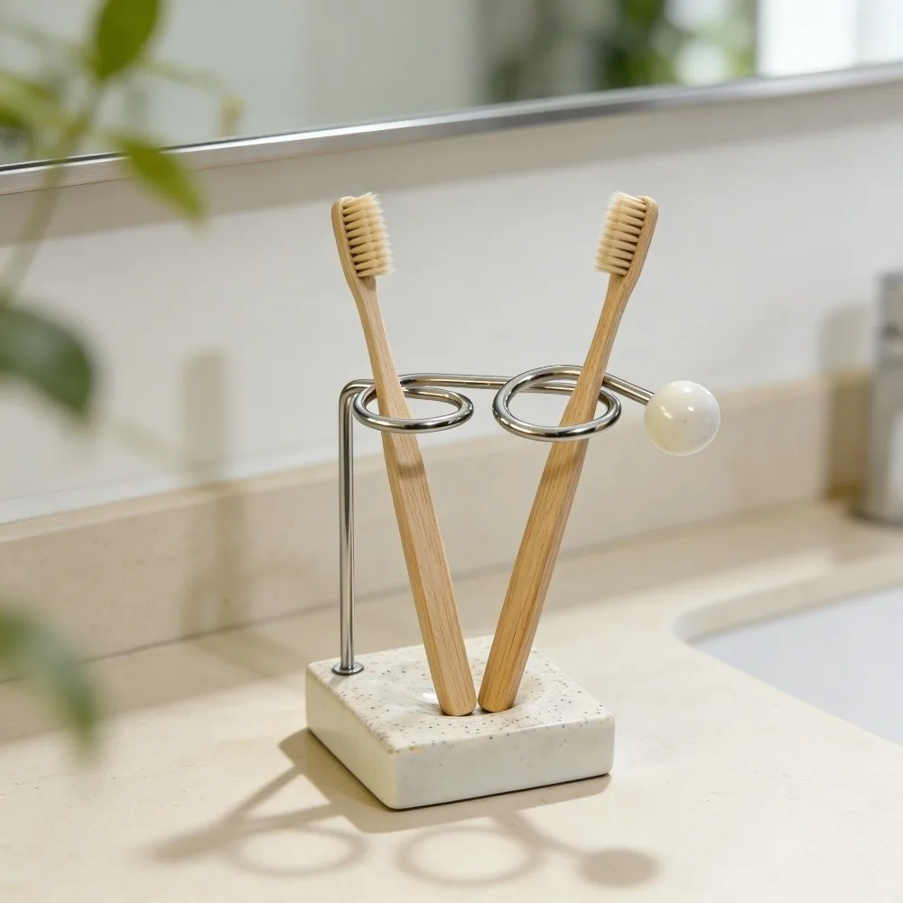 Modern Style Resin Base Toothbrush Holder Metal Ring Marble Print Bath Rack Dual Slot Ball Decor Vanity Storage For Wash Area