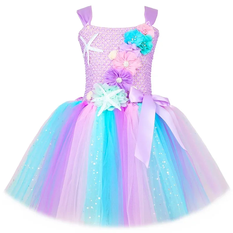 Prinses Zeemeermin Jurk voor Meisjes Pastel Bloemen Verjaardagsfeestje Tutu Jurken Halloween Kleine Zeemeermin Kostuum voor Kinderkleding