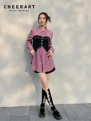 CHEERART Purple Fake 2 Piece Designer Long Shirt For Women 2023 Patchwork Long Sleeve Top Button Up Collar Shirt Blouse Fashion