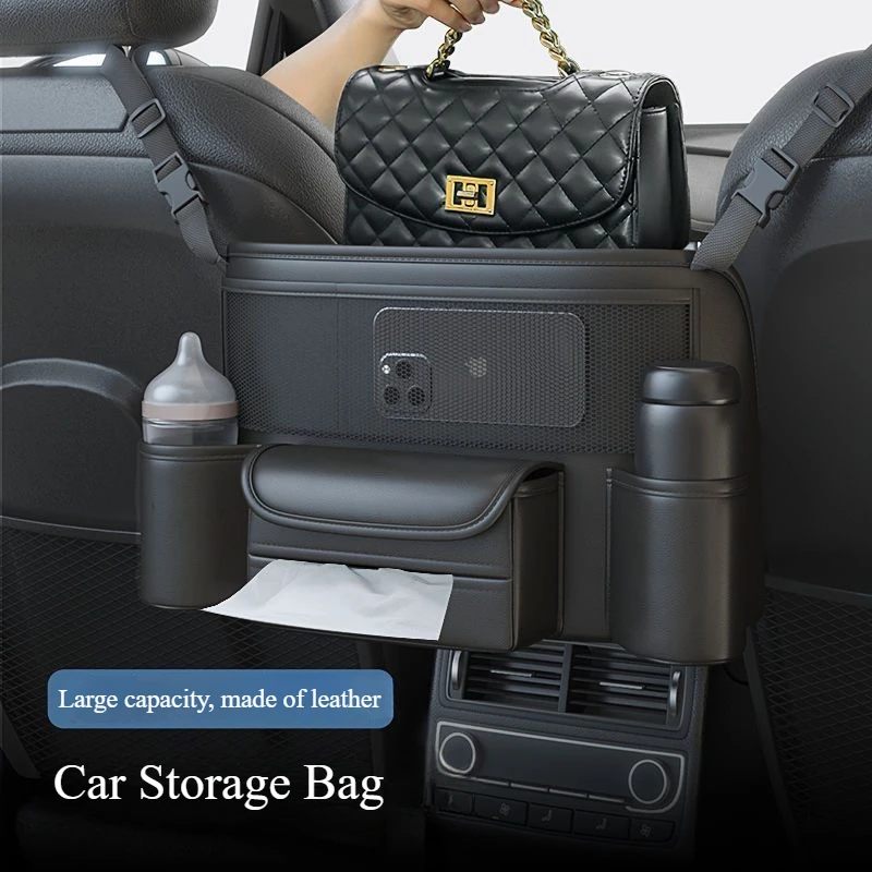 

Car Seat Middle Hanger Storage Bag Luxury Auto Handbag Holder Between Seats Tissue Water Cup Pockets Car Interior Storage