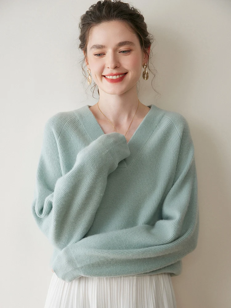 

High Quaity Chic Women's V-neck Pullover 100% Cashmere Sweater Knitwear Loose Grace Style for Autumn Winter Female Fashion Cloth