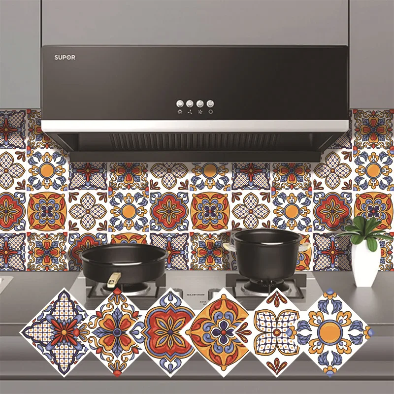 12 Pcs Thick PVC Retro European Floral Tile Wall Stickers Self-Adhesive Waterproof Oil Proof for Kitchen Backsplash Stove