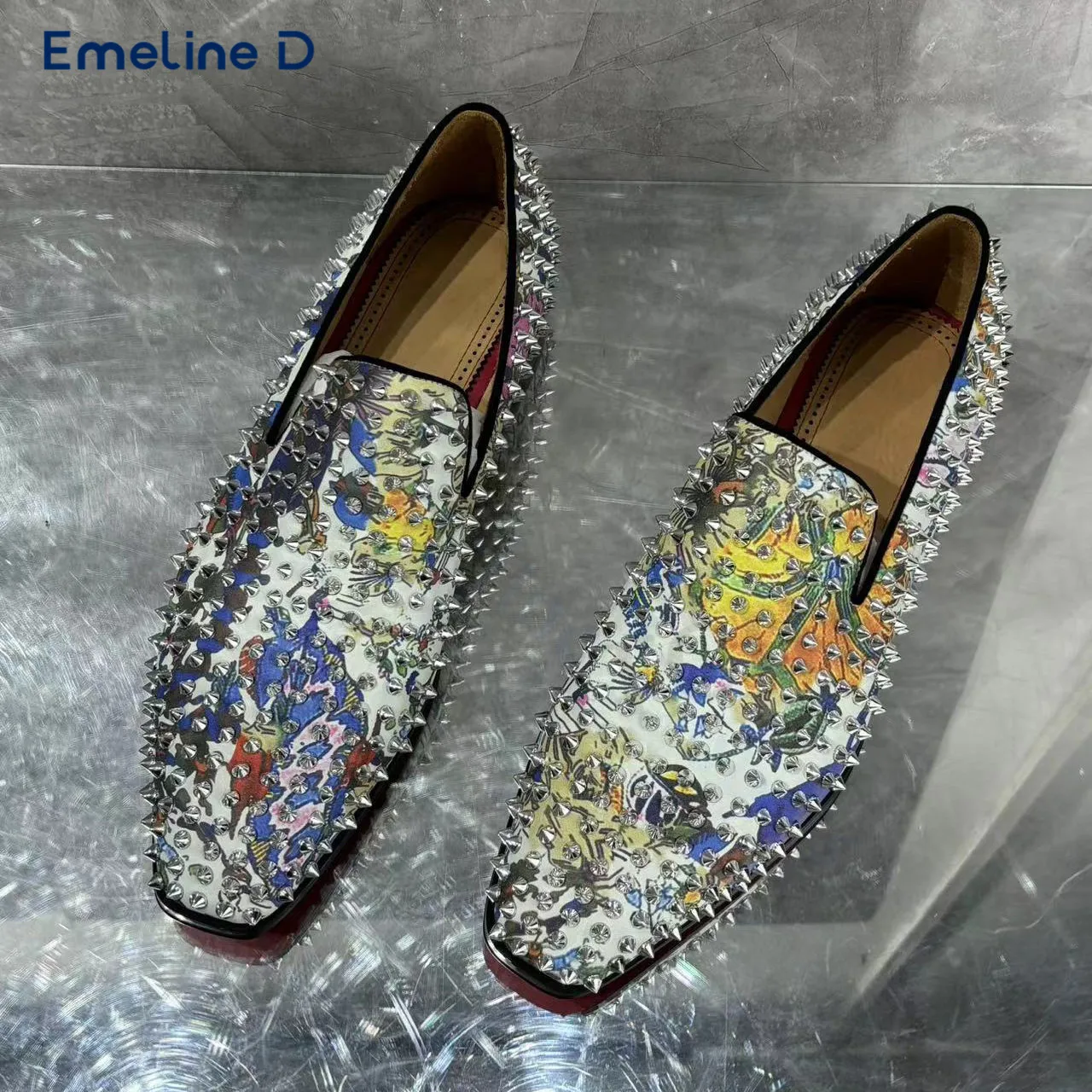 

Studded Colorful Pattern Loafers with Full Rivet Almond Toe Caps Personalized Casual Shoes Large Size Business Men's Shoes