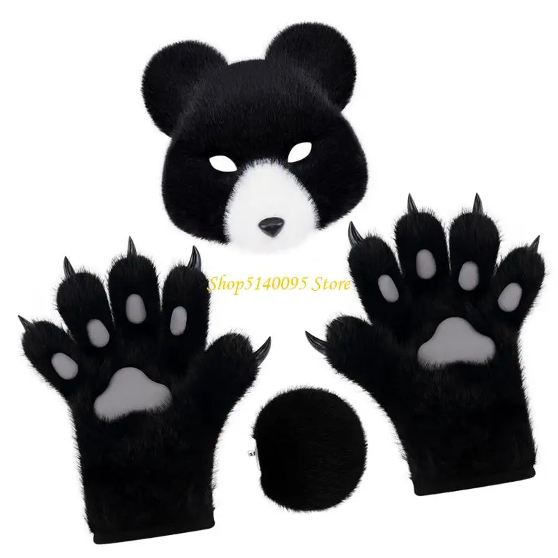 DXAE 3PCS Bären Kostüm Halloween Tier Cosplay Kostüm Bärenmaske, Schwanz, Bärenpfoten Handschuh