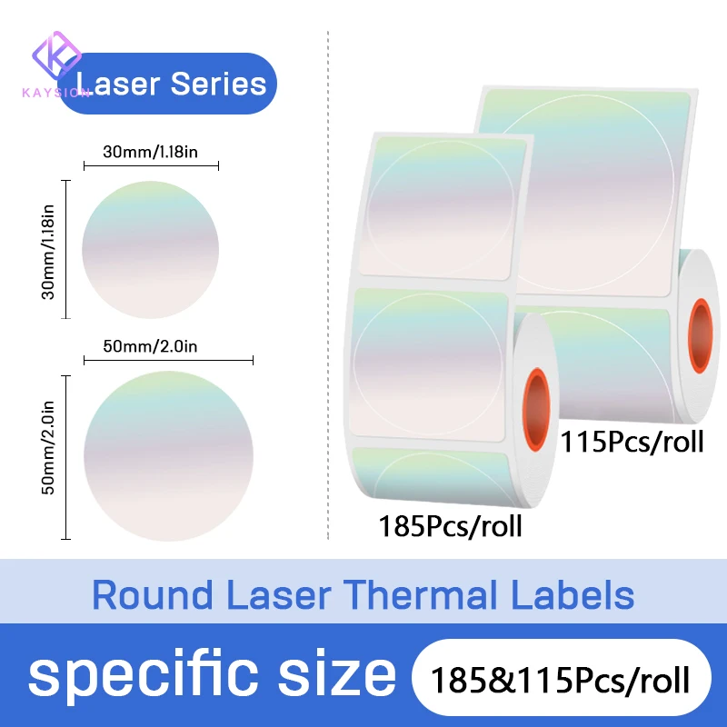 KAYSION 30/50mm Round Laser Thermal Label Paper Scratch-Resistant Durable Holographic Label Silver/ Gold/Purple Optional