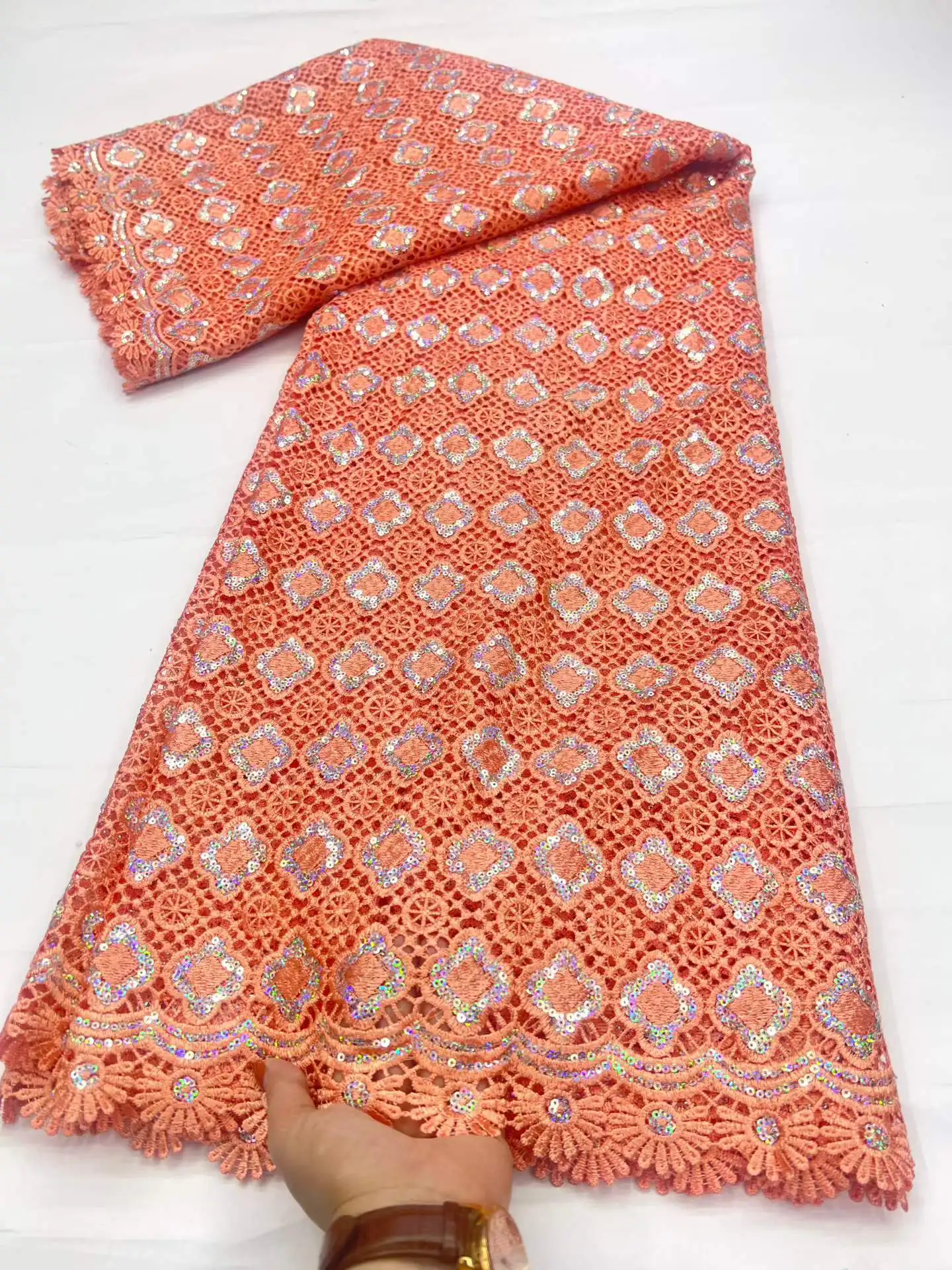 

African Guipure Cord Lace Fabric 2026 High Quality Nigerian Water Soluble Lace Fabrics Sequins 5 Yards For Wedding Dresses Party