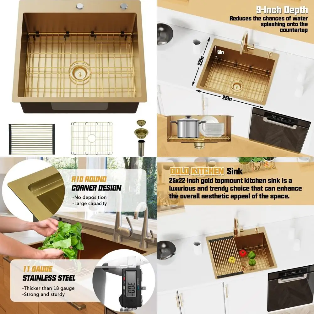 

Gold Drop-In Single Bowl Kitchen Sink with Gold-Tone Accessories - 25x22 Stainless Steel Sink for Elegant Kitchen Upgrade