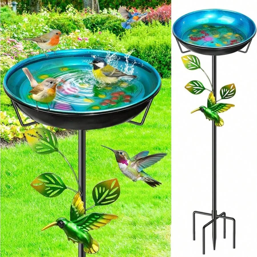 

【New Arrival】Decorative Hummingbird Bird Bath, Metal Standing Birdbath with Floral Print for Outdoor Garden