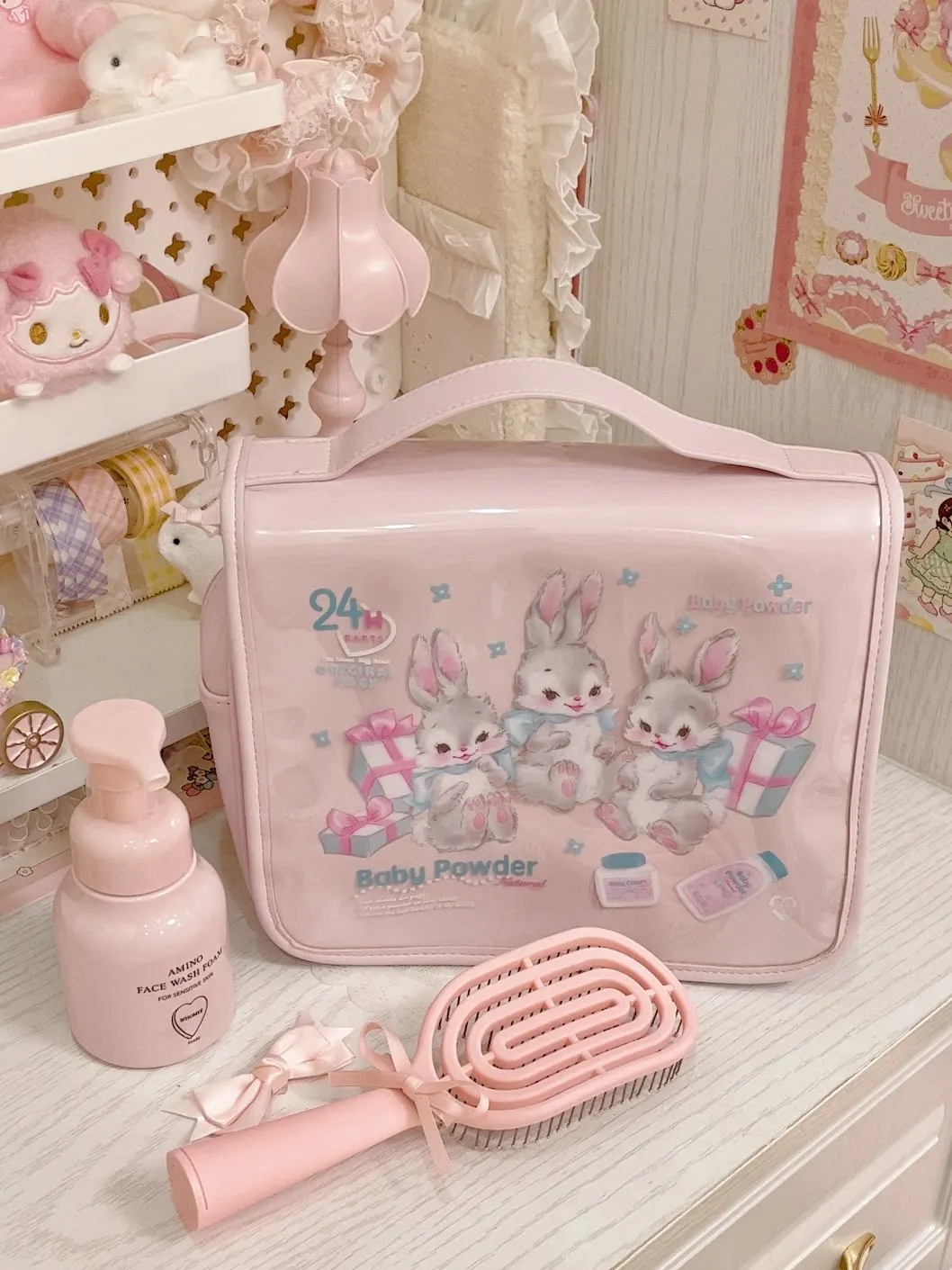 Japanese Cartoon Cute Three Rabbits Large Capacity Cosmetic Bag Travel Storage Bag Powder Retro Showa Lolita Storage Bags Female