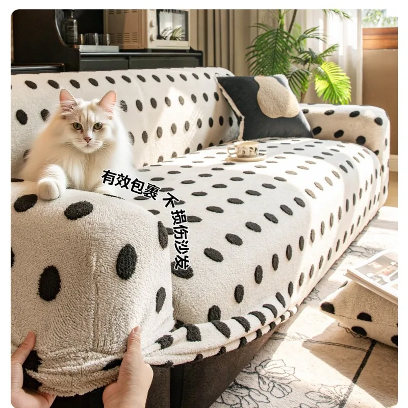 Thick Cozy Cotton Velvet Sofa Cover, Plush Polka Dot Couch Slipcover, Warm Soft Furniture Protector for Fall and Winter