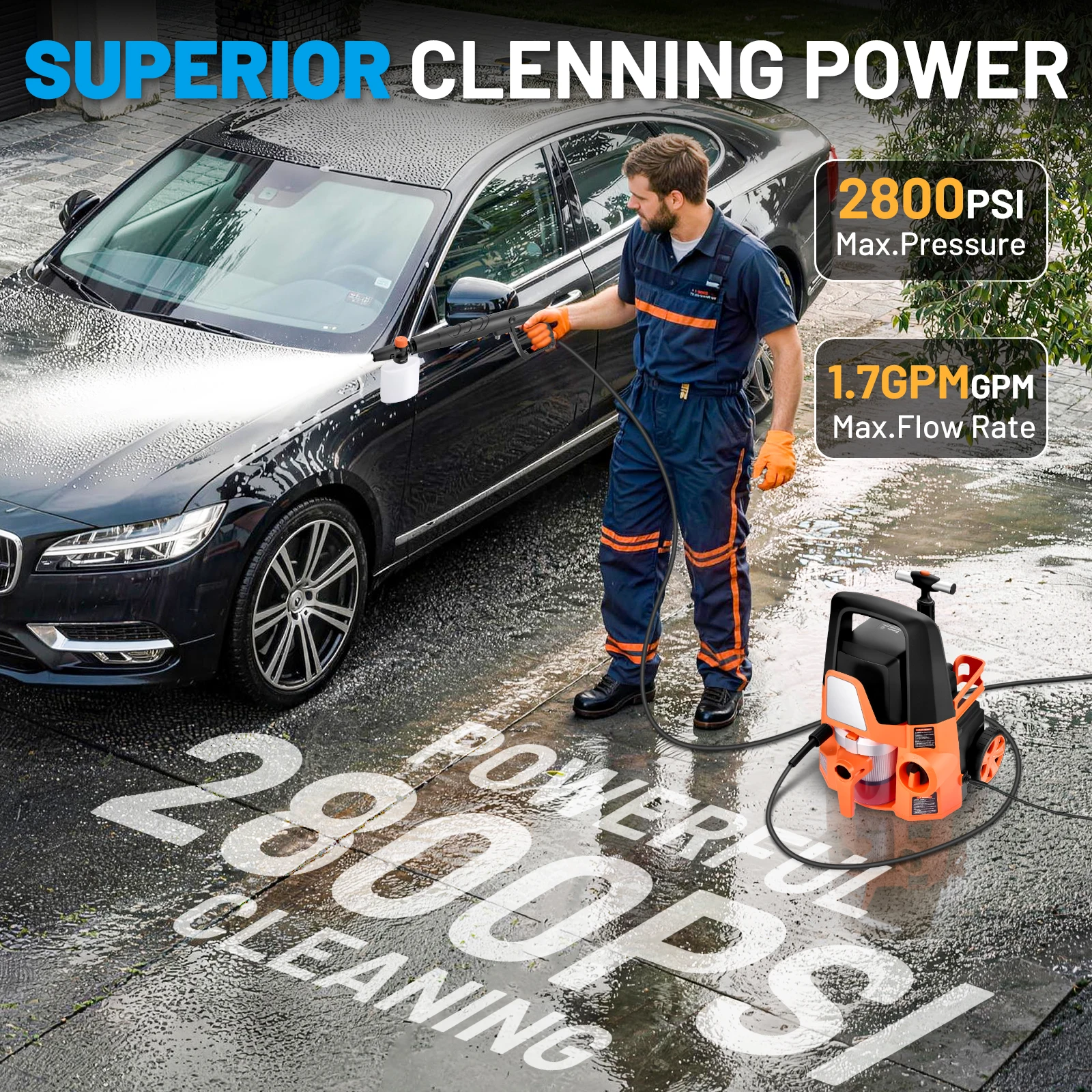 2800PSI 1.7GPM High Pressure Washer with Vacuum Cleaner,0°-180° Swivel Joint & Soap Tank for Car/Fences/Driveway/Home/Patio Cleaning