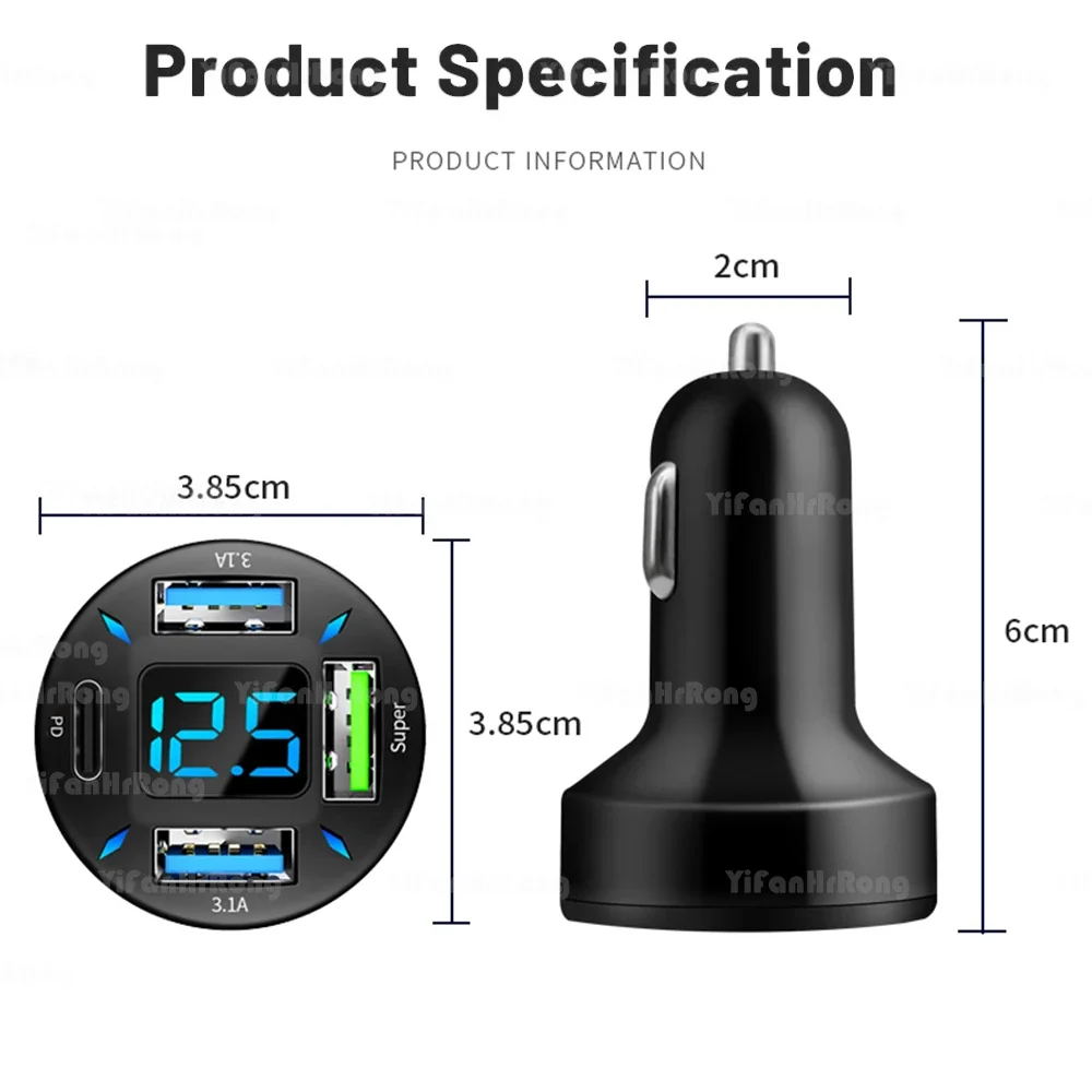 ที่ชาร์จในรถยนต์แบบ USB 4 พอร์ต ชาร์จเร็ว PD Quick Charge 3.0 อะแดปเตอร์ชาร์จโทรศัพท์ในรถยนต์แบบ USB C สำหรับ iPhone 13 12 Xiaomi Samsung
