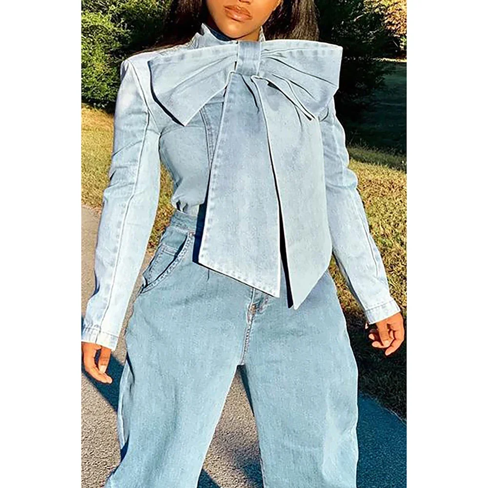 Plus Size Women Casual Denim Blouse Stand Collar Lantern Long Sleeve Female Bow Decor Lace-up Tops