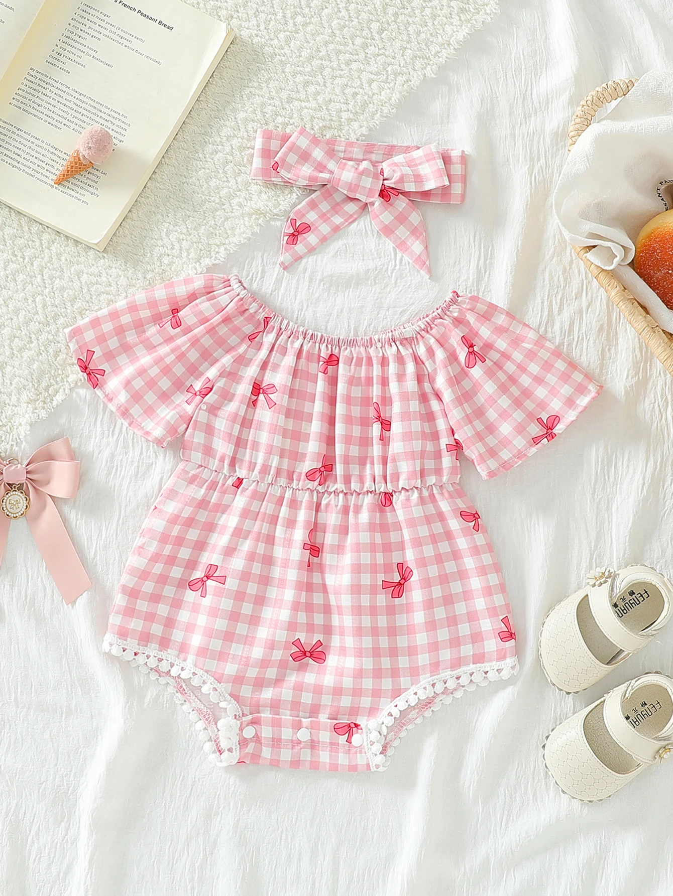 طفلة الصيف لطيف عارضة واحدة الكتف فقاعة كم الخصر القوس شبكة مطبوعة الدانتيل الديكور بذلة وعقال