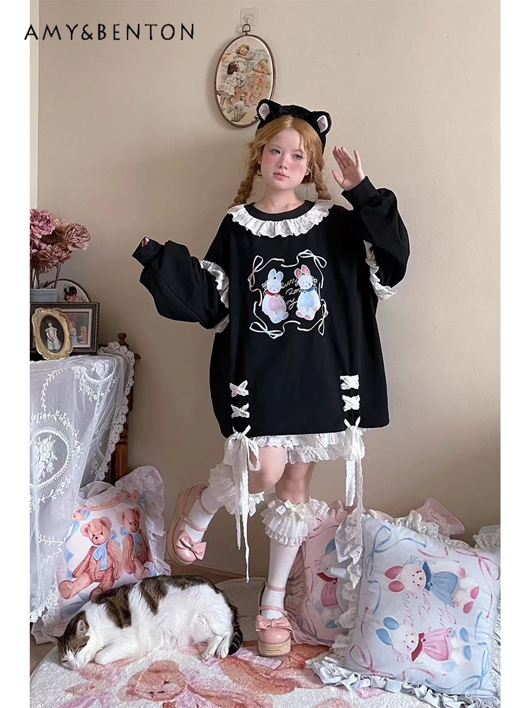 Autumn Winter New Sweet Lace Cartoon Print Cross Lace-up Lantern Sleeve Hoodies Women Cute Patchwork Casual Oversized Sweatshirt