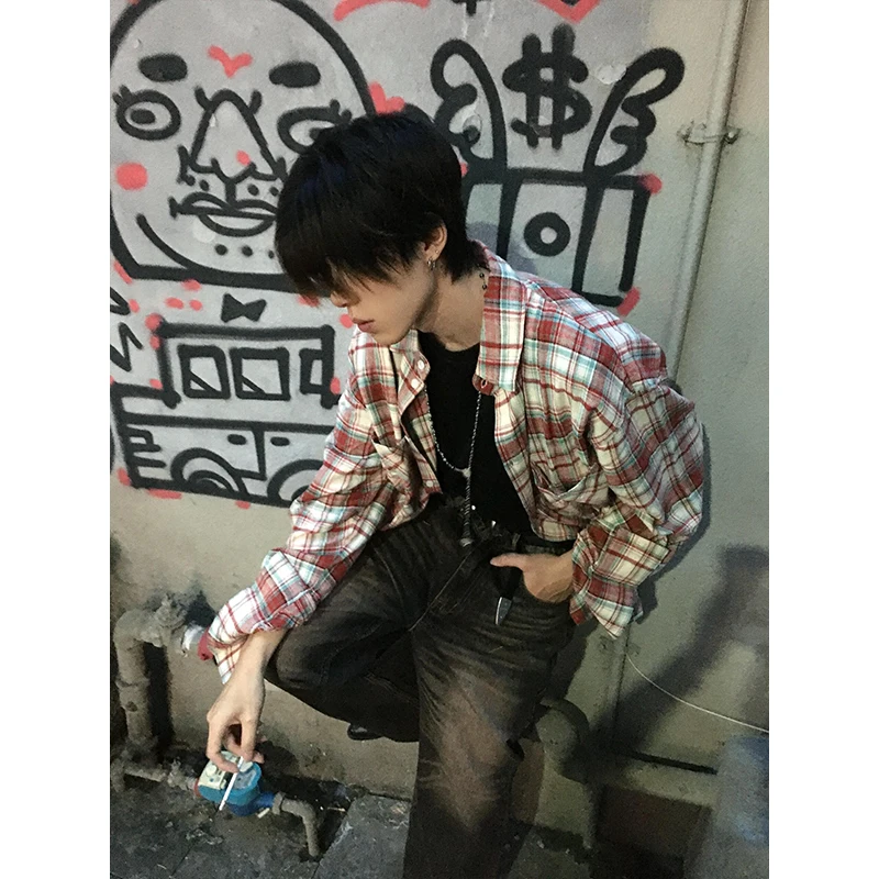 Red Plaid Long Sve Men's Casual irt Vintage American Sle Premium Feeling Cool Cheered irt Loose Fit Polyester Fiber